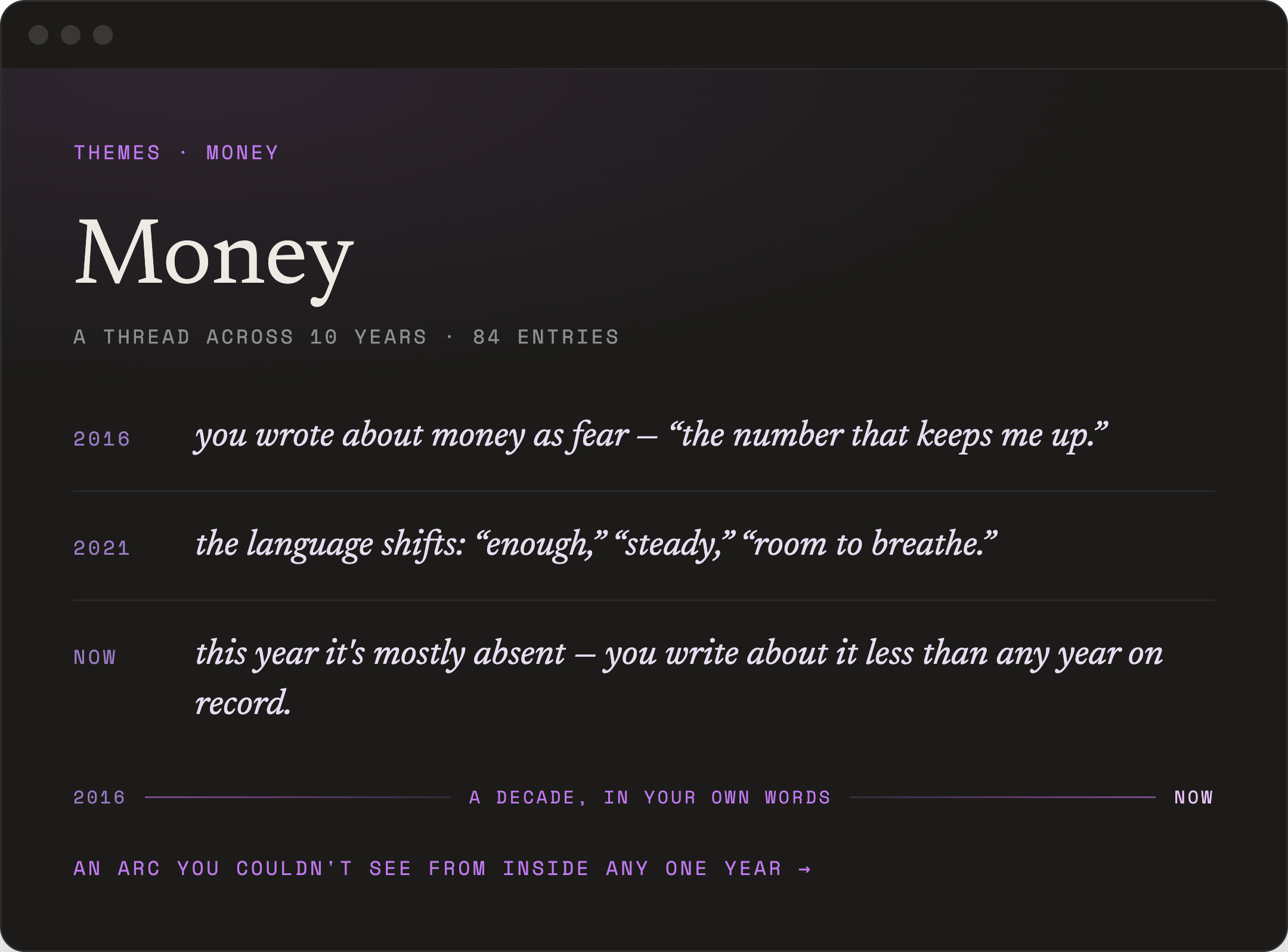 MountainRiver reading the theme of money across a decade of a person's own entries