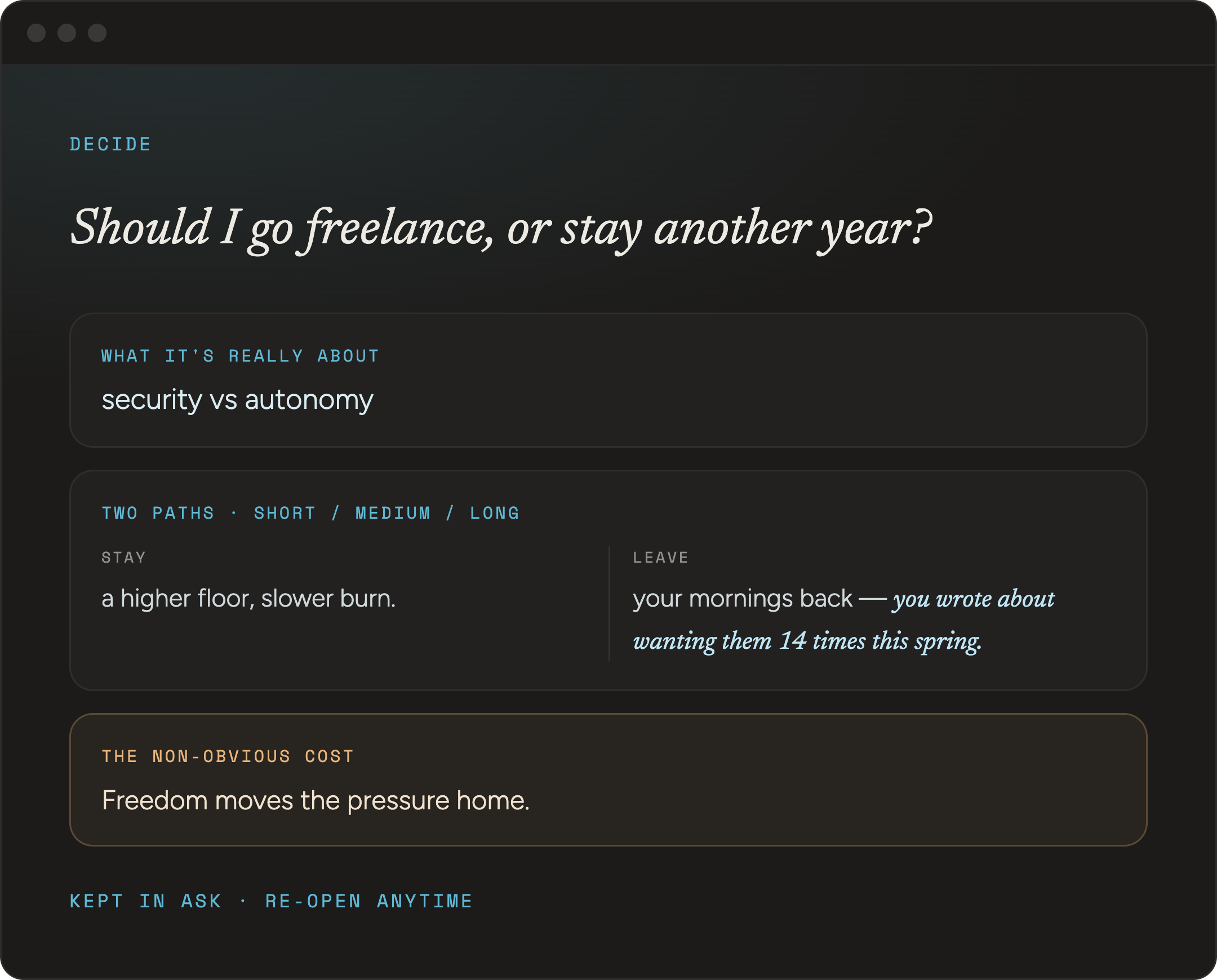 MountainRiver mapping a freelance-or-stay decision, grounded in the person's own history with dates