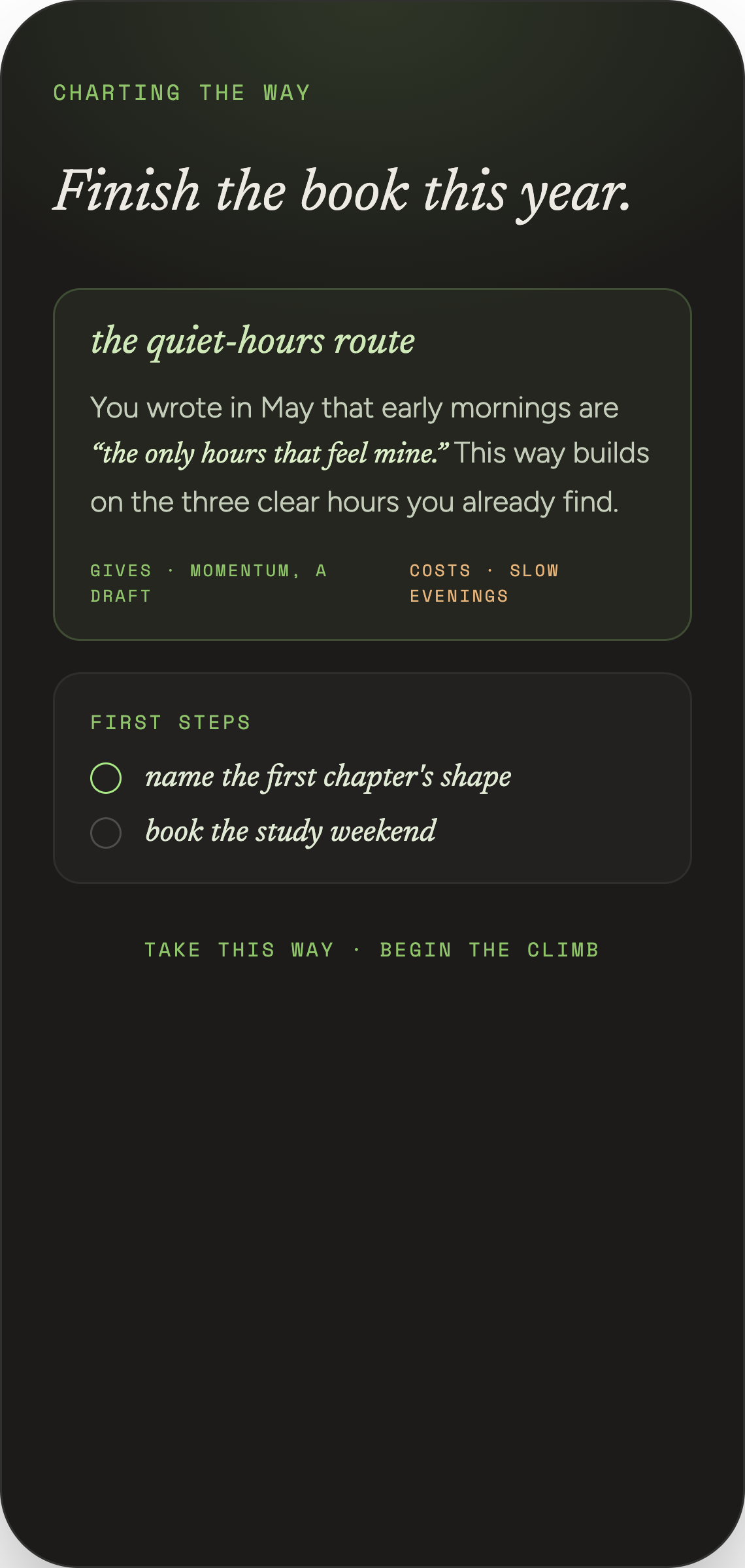 MountainRiver charting a route to finish the book, drawn from the person's own entries